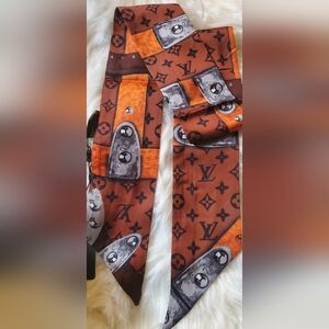 100% Silk Bag Twilly, Scarf, Hairtie, Trunk Pattern in Brown and Orange